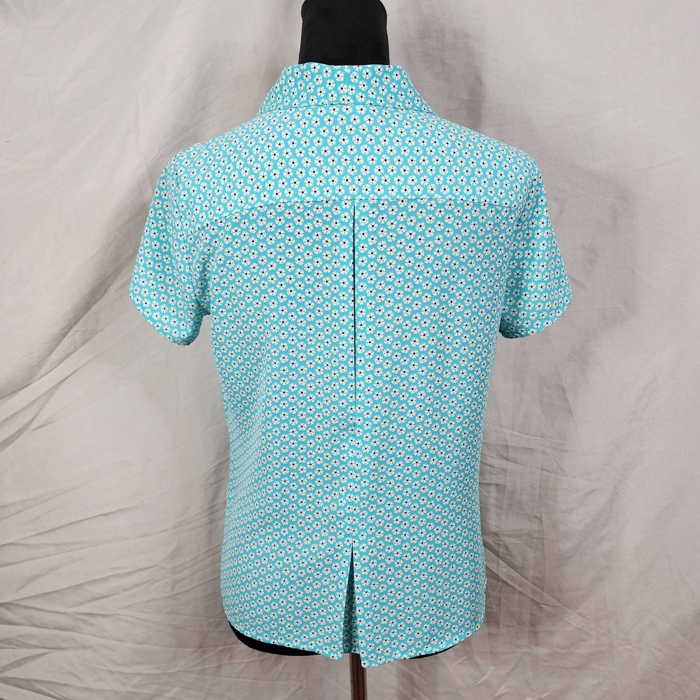 COVINGTON Size Small Turquoise Blue Ditsy Floral Pleated Shawl Collar Blouse EUC - Picture 6 of 9